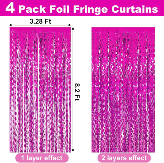 4 Pack Rose Red Fringe Curtain Backdrop 3.2Ft x 8.2Ft Metallic Tinsel Foil Fringe Streamers Background for Photo Booth, Easter, Mother's Day, Bachelorette, Wedding, Birthday Party Decoration