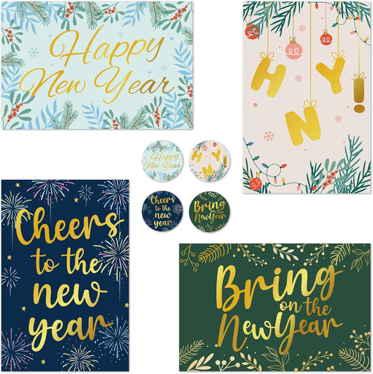 New Year Cards with Envelopes, 24 Pack 4x6in Happy New Year Greeting Cards, Gold Foiled Holiday Card, 300gsm Note Card with Stickers