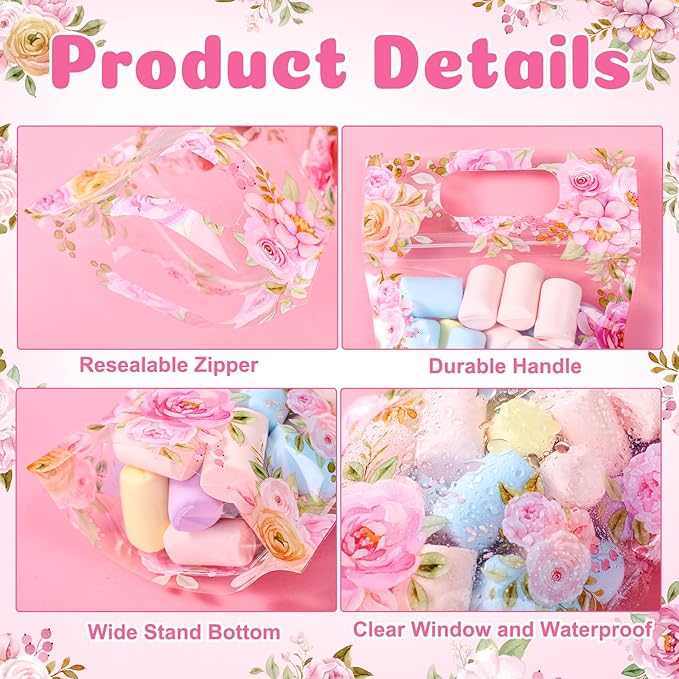 Blosssound 50 Pcs Floral Plastic Bags Clear Flower Baby Shower Bags Pink Flower Baby in Bloom Favor Pouches with Handles for Pink Tea Party Birthday Candy Gift Wrapping Supplies Decoration (Floral)