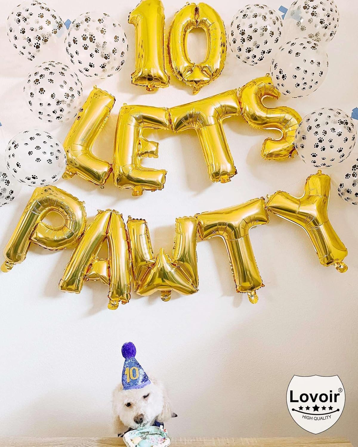 9 Pcs Lets Pawty Balloons Banner 16 Inch, Dog Cat Pet Birthday Letters Sign Lets Pawty Balloons Happy Birthday Banner for Pet Dog Cat Party Supplies Decorations (Gold)