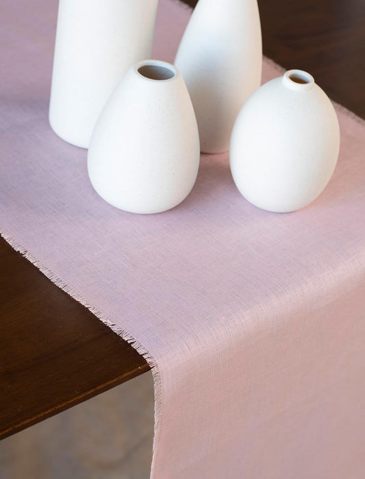 Pink Linen Table Runner with Fringe- 14x120 inches Long, 100% Pure Linen Runner for Table, Table Runner for Valentines Day, Spring and Summer –Thin but Luxury, Handmade
