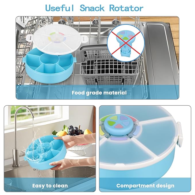 Snack Rotator Container Reusable Snack Box with 5 Compartment Dispenser and Lid, Color Matching Opening Lid, BPA and PVC Free, for Home, School, Travel (2 Pack- Blue)