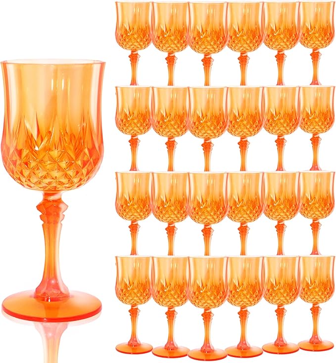 Plastic Wine Glasses, Plastic Goblets Vintage Style Cordial Unbreakable Drinking Glasses, Reusable Drinkware for Wedding Reception, Grand Event Party Supplies, Easter (24, Pumpkin orange)