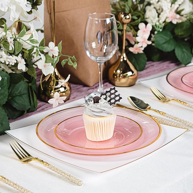 N9R 60PCS Pink Plastic Plates with Gold Rim – 30 Dinner & 30 Dessert Plates, Circular Ribbed Design, Elegant Disposable Plates for Weddings, Events, Banquets, Special Occasions (Translucent Pink)