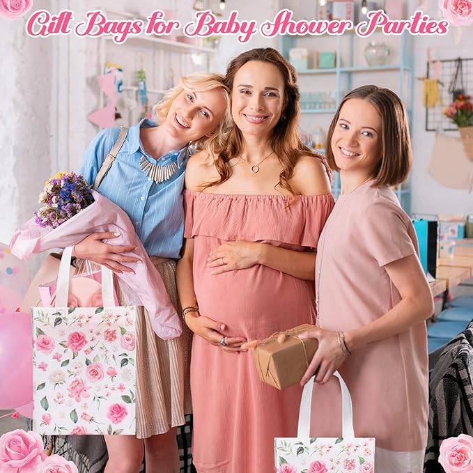 Supervitae 24 Pack Pink Floral Theme Gift Bags Medium Floral Party Favor Bags Flower Reusable Totes Non Woven Goodie Totes for Wedding Birthday Baby Shower Family Holiday Travel(9.8" x 7.9" x 3.9")