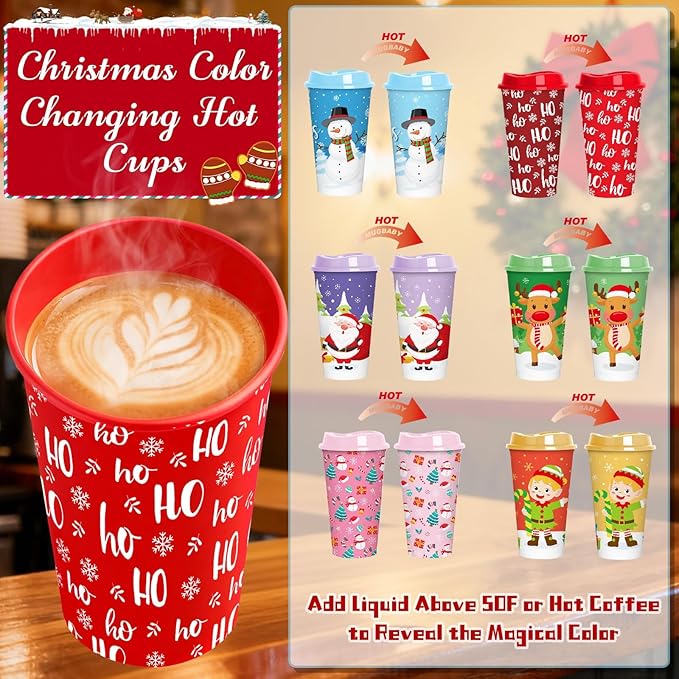 Jansun 12pcs Christmas Color Changing Hot Cups with Lids 16Oz Reusable Plastic Coffee Cups for Party Decorations Winter Christmas Cups for Holiday Birthday Party Favors Supplies