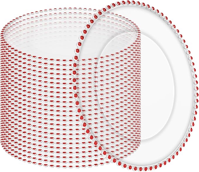 24 Pack Clear Charger Plates Bulk Wedding, 13 Inch Plastic Round Dinner Chargers with Red Beaded Rim, Acrylic Round Decorative Plates for Wedding Party Home and Tabletop Decor (Red)