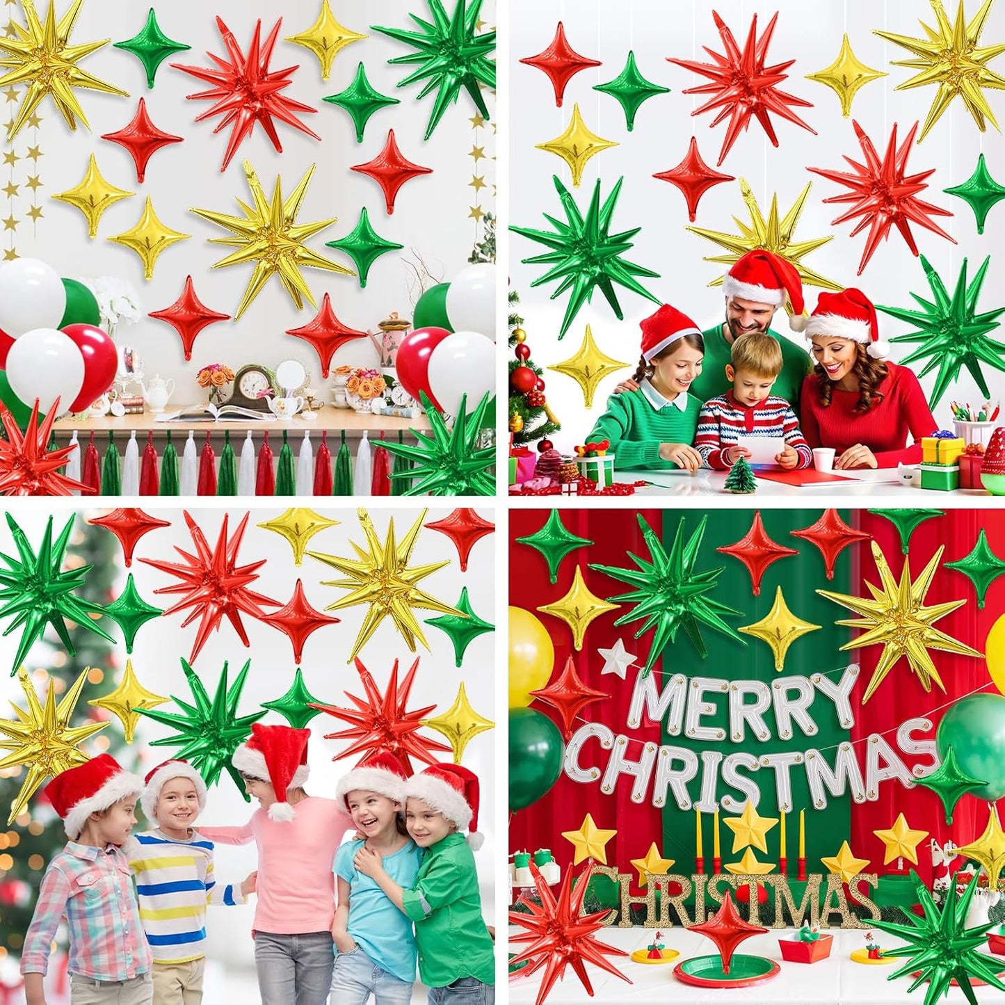 Red Green Gold Star Balloons Kit - 6 22-Inch Cone Foil and 10 10-Inch Four Pointed Balloons for Christmas Birthday Anniversary Party Decorations