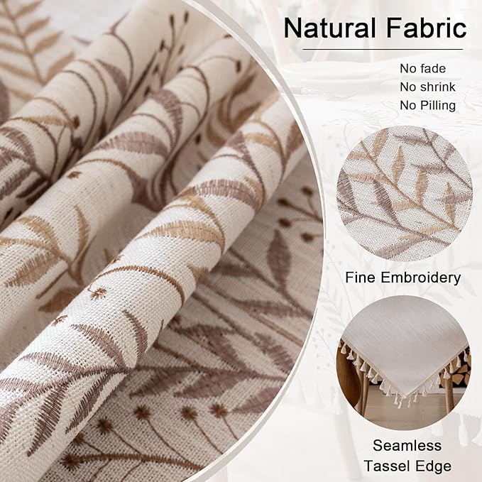 Joyfol Day Rustic Waterproof Linen Tablecloth, Heavy Weight Fern Embroidery Table Cloths for Rectangle Tables, Farmhouse Spill-Proof Table Covers with Tassels, Coffee 55''x 70''