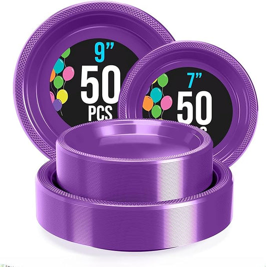 Party Solids Purple Plastic Plates For Party Supplies, Purple Disposable Plates 100 Pieces - 50-7" & 50-9" Heavy Duty 350 GSM Disposable Dinnerware Sets, Plastic Dinnerware Sets