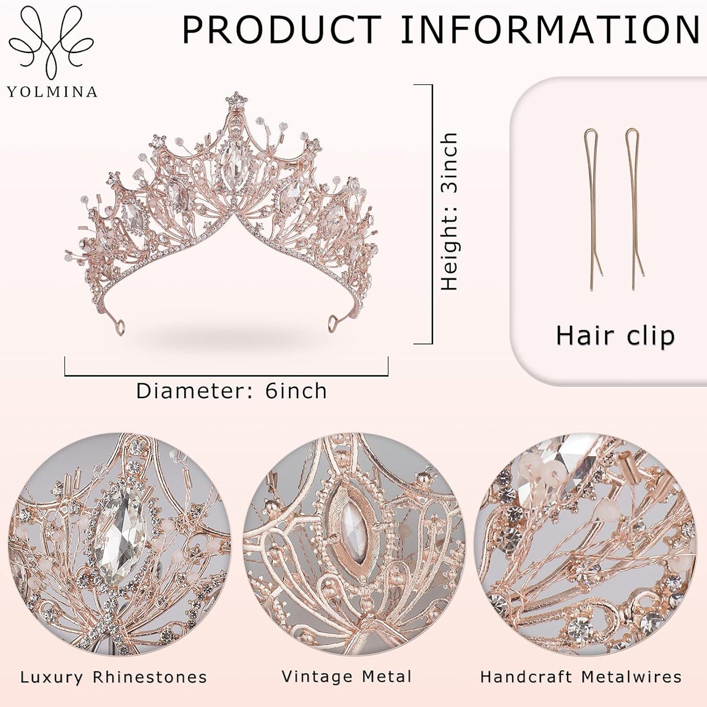 Baroque Queen Crown for Wedding Bride, Rose Gold Handmade Rhinestone Crystal Headband Tiaras and Crown for Women-Wedding Halloween Faire Costume Birthday Music Festival Hair Accessories-Yolmina