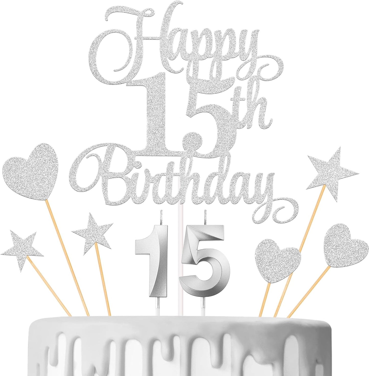 15th Birthday Cake Decorations, 15th Birthday Candles Cake Numeral Candles and Glitter Happy 15th Birthday Cake Toppers Set for Birthday Party Supplies (Silver)