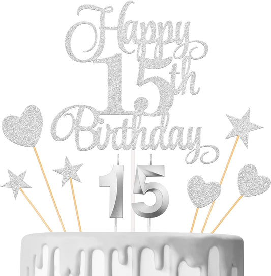 15th Birthday Cake Decorations, 15th Birthday Candles Cake Numeral Candles and Glitter Happy 15th Birthday Cake Toppers Set for Birthday Party Supplies (Silver)