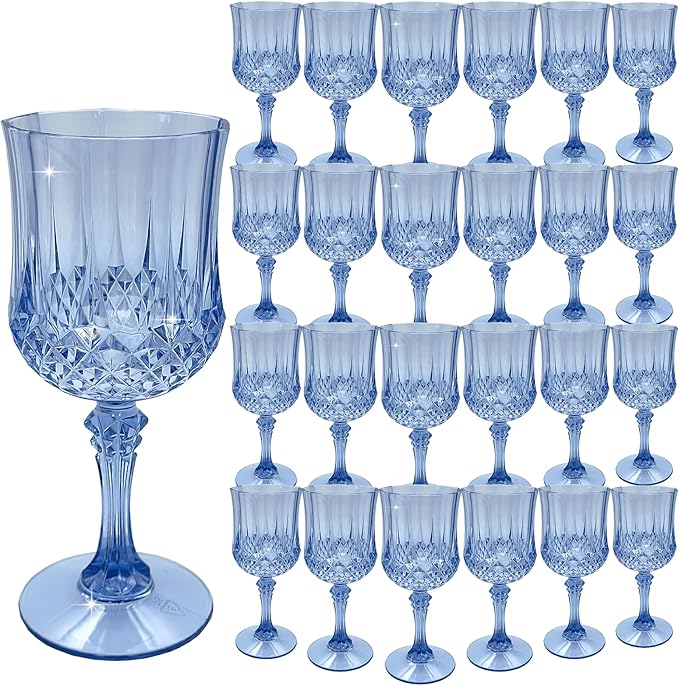 Plastic Wine Glasses, Plastic Goblets Vintage Style Cordial Unbreakable Drinking Glasses， Reusable Drinkware for Wedding Reception, Grand Event Party Supplies, Easter (24, Blue)