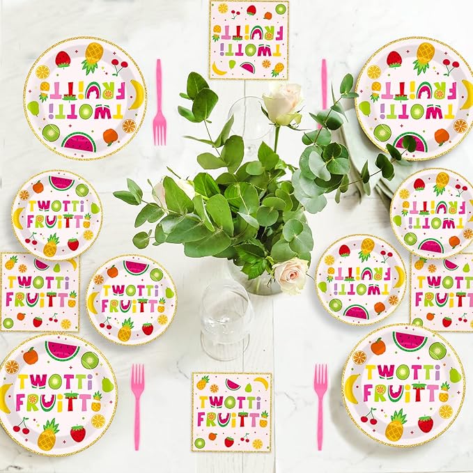 OBUSATT 96Pcs Twotti Frutti Party Supplies Summer Fruit 2nd Birthday Paper Plates Napkins Fruit Party Decorations Lemon Watermelon Pineapple Strawberry Dinnerware Favor Tableware Serves 24