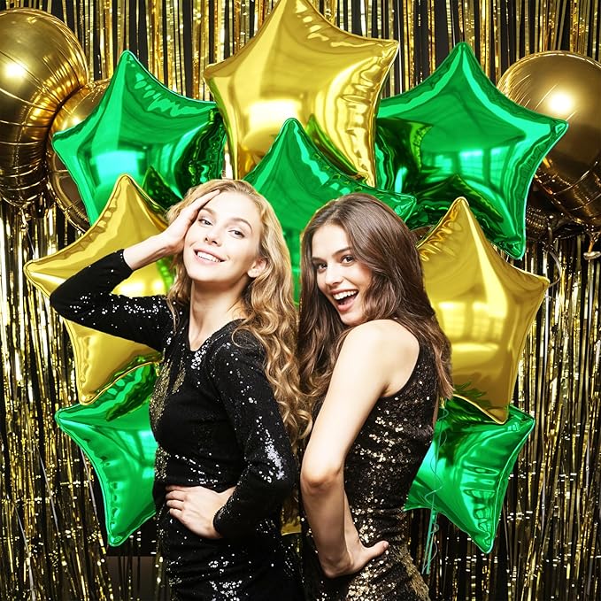 Green and Gold Star Foil Balloon, 10PCS Foil Stars Shape Balloons, 18 Inch Metallic Stars Balloons Helium Pentagram Balloon for Birthday, Graduation, Anniversary, Golf Tractor Jungle Party Decoration