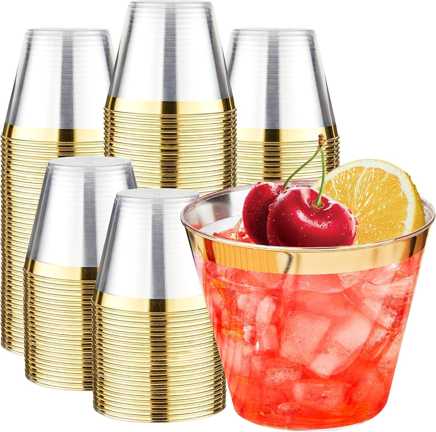 RACETOP 9 oz Clear Disposable Plastic Cups with Gold Rim [200 Pack], Gold Rimmed Plastic Cups Tumblers, Heavy-duty Party Glasses, Disposable Cups