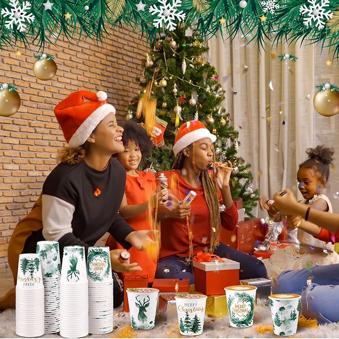 Funtery 100 Pieces Christmas Paper Disposable Cups Forest Landscape Design 9 Ounce Drinking Tea Christmas Paper Coffee Cups for Xmas Daily Use Holiday Party