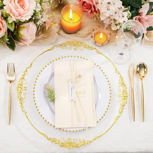 6pcs Clear and Gold Charger Plates,13inch Elegant Plastic Gold Chargers with Floral Trim,Table decoration,Charger Serving Plates for Wedding,Afternoon Tea,Spring,Mother's/Valentine's Day
