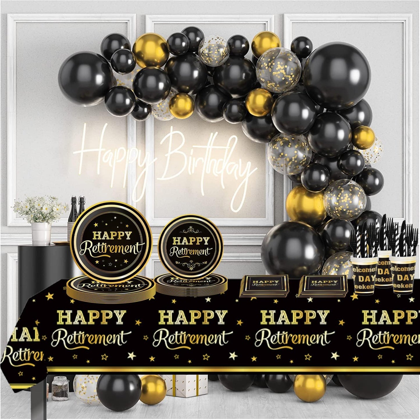 141pcs Retirement Party Decorations,Black Gold Party Disposable Tableware Includes Dinner Plate Dessert Plate Paper Napkin Cup Knife Fork Straws Tablecloth Black Gold Retirement Supplies set