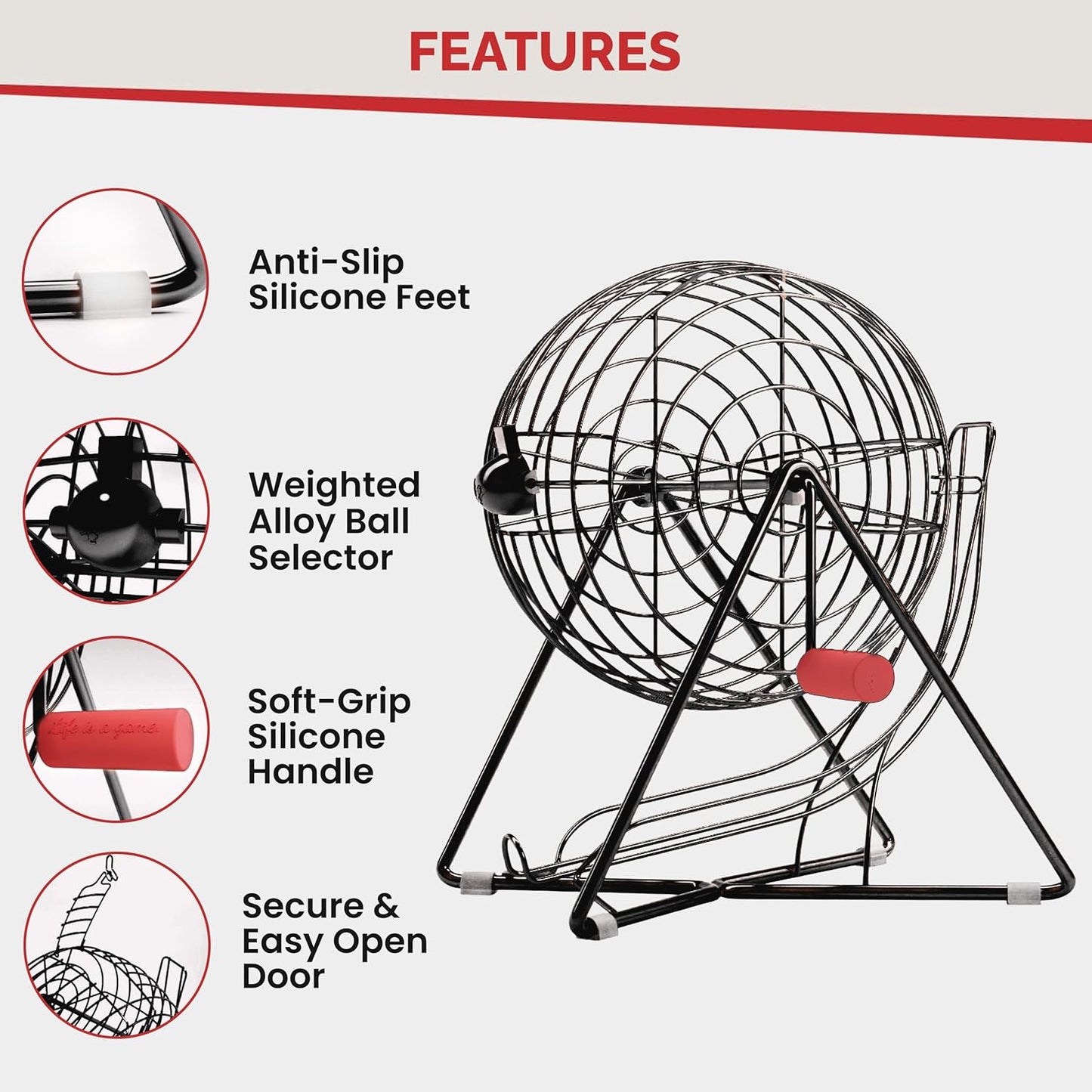 MR CHIPS 11" (Inch) Tall Professional Bingo Set with Steel Cage, Everlasting 7/8” Balls, Master Board for Balls - Mysterious Black Color