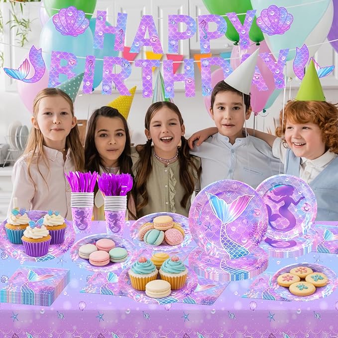 182pcs Mermaid Themed Plates and Napkins Set,Mermaid Birthday Party Decorations for Girls Birthday Party Supplies,Serve 30 Guests