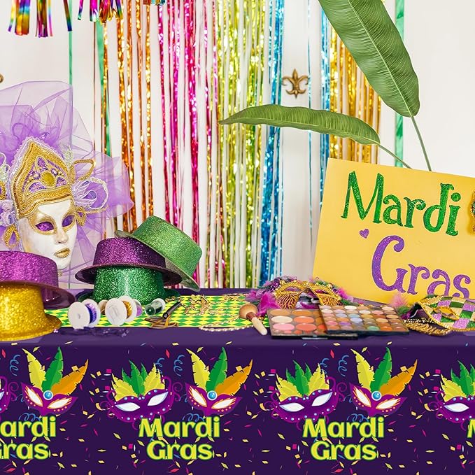 Childom Mardi Gras Decorations,3 Pack Disposable Plastic Tablecloths for Rectangle Table 54" x 108" Mardi Gras Tablecloths for Party Decor,Table Cloths for Birthday,Home,Dinner,Carnival,Party Supplies