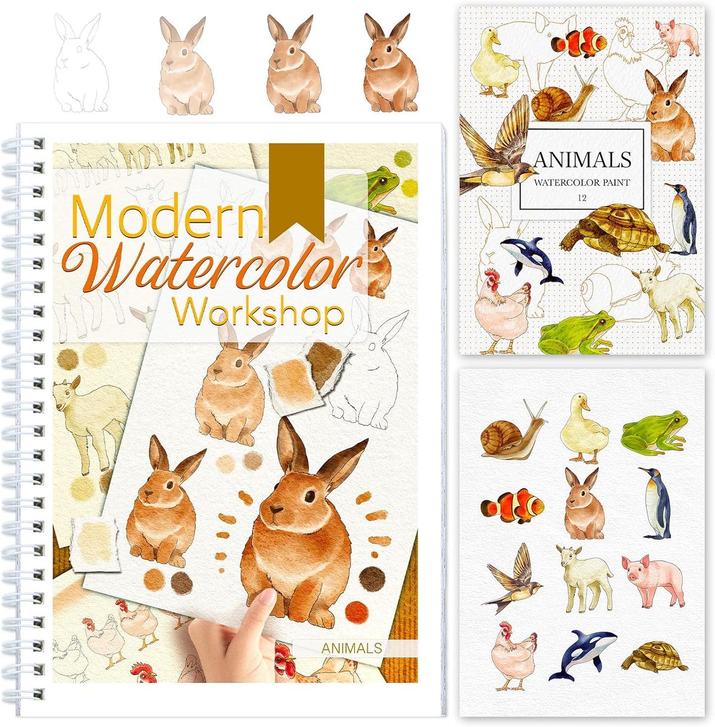 Watercolor Workbooks with Step by Step for Adults Teens - Beginner Watercolor Workbook with 12 Coloring Book Pages -100% Cotton 300gsm/140lb Watercolor Paper(Animals)