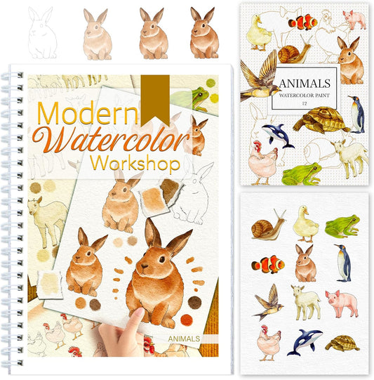 Watercolor Workbooks with Step by Step for Adults Teens - Beginner Watercolor Workbook with 12 Coloring Book Pages -100% Cotton 300gsm/140lb Watercolor Paper(Animals)