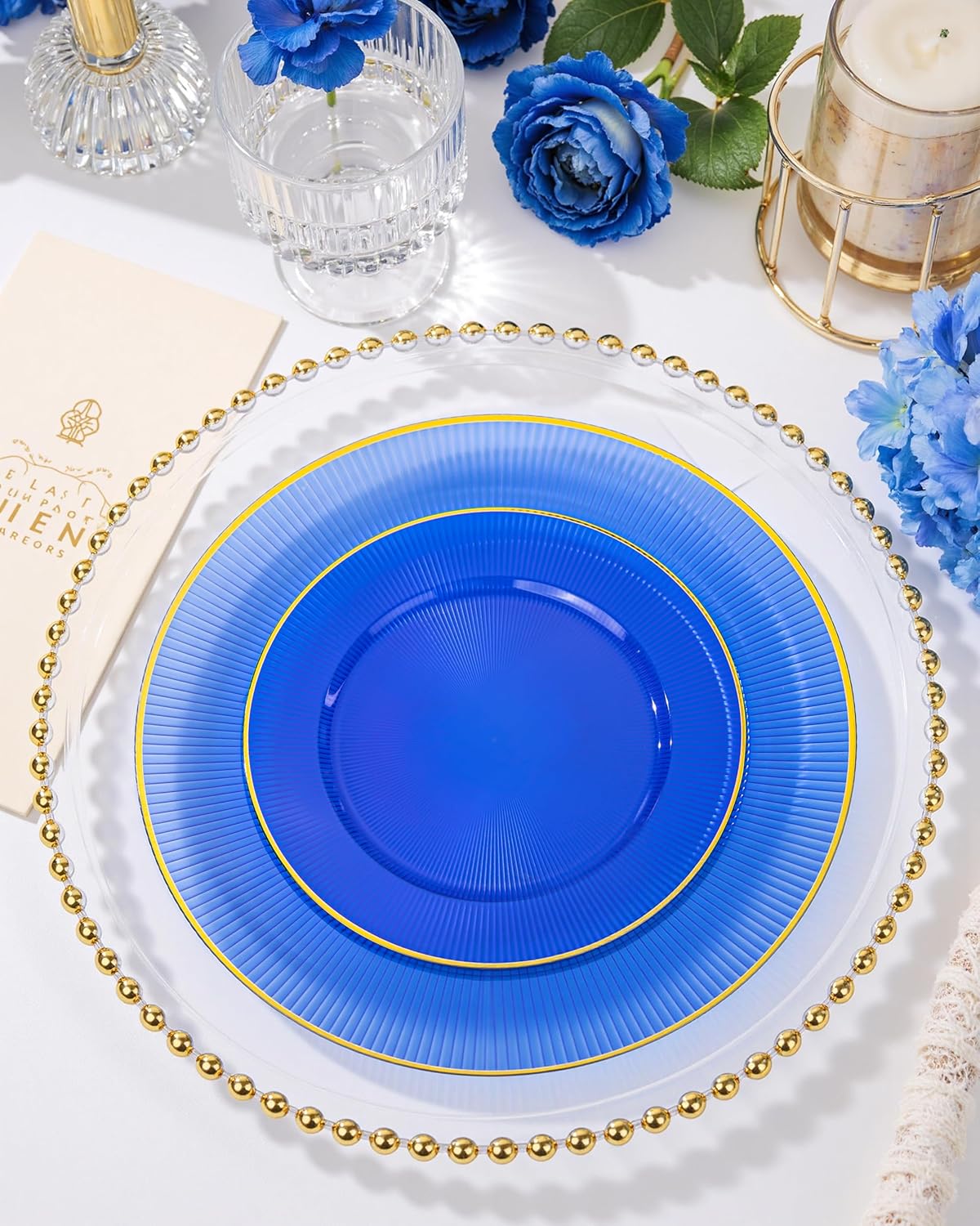 Hioasis 60pcs Blue Plastic Plates - Blue Gold Disposable Dinnerware Set, 30pcs Dinner 10.25in & 30pcs Dessert 7.5in Plates with Striped Designs for Party & Wedding