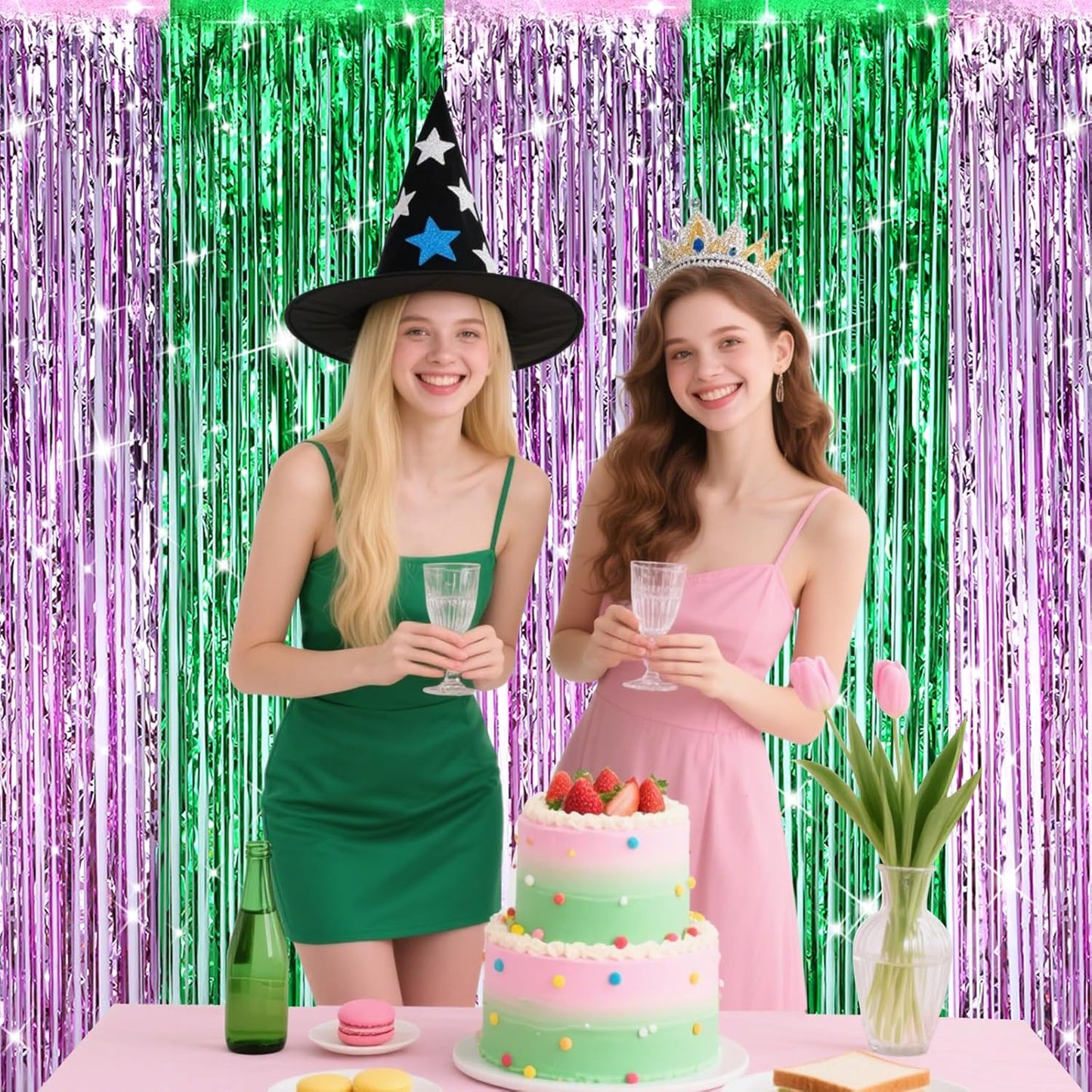 4Pcs Green Pink Backdrop Party Decorations,Tinsel Foil Fringe Curtains,Straight Shiny Foil Fringe Backdrop Curtain,Photo Booth Streamers Party Decorations for Birthday Wedding,3.2ft × 6.6ft