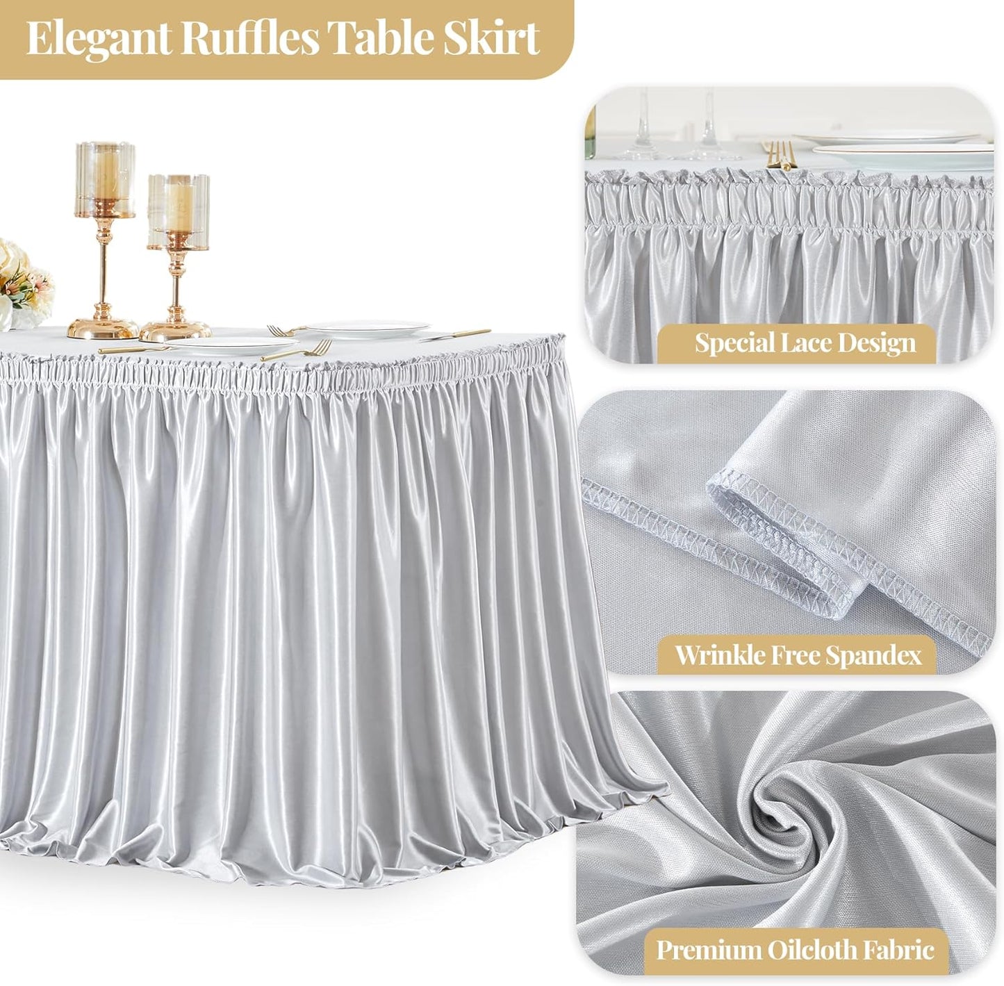 Wish Care 6ft Silver Satin Table Skirt for Rectangle Tables Wrinkle Free Glitter Desk Skirts Pleated Ruffle Table Cloth for Wedding Birthday Baby Shower Party Banquet Cake Teacher Table Decorations