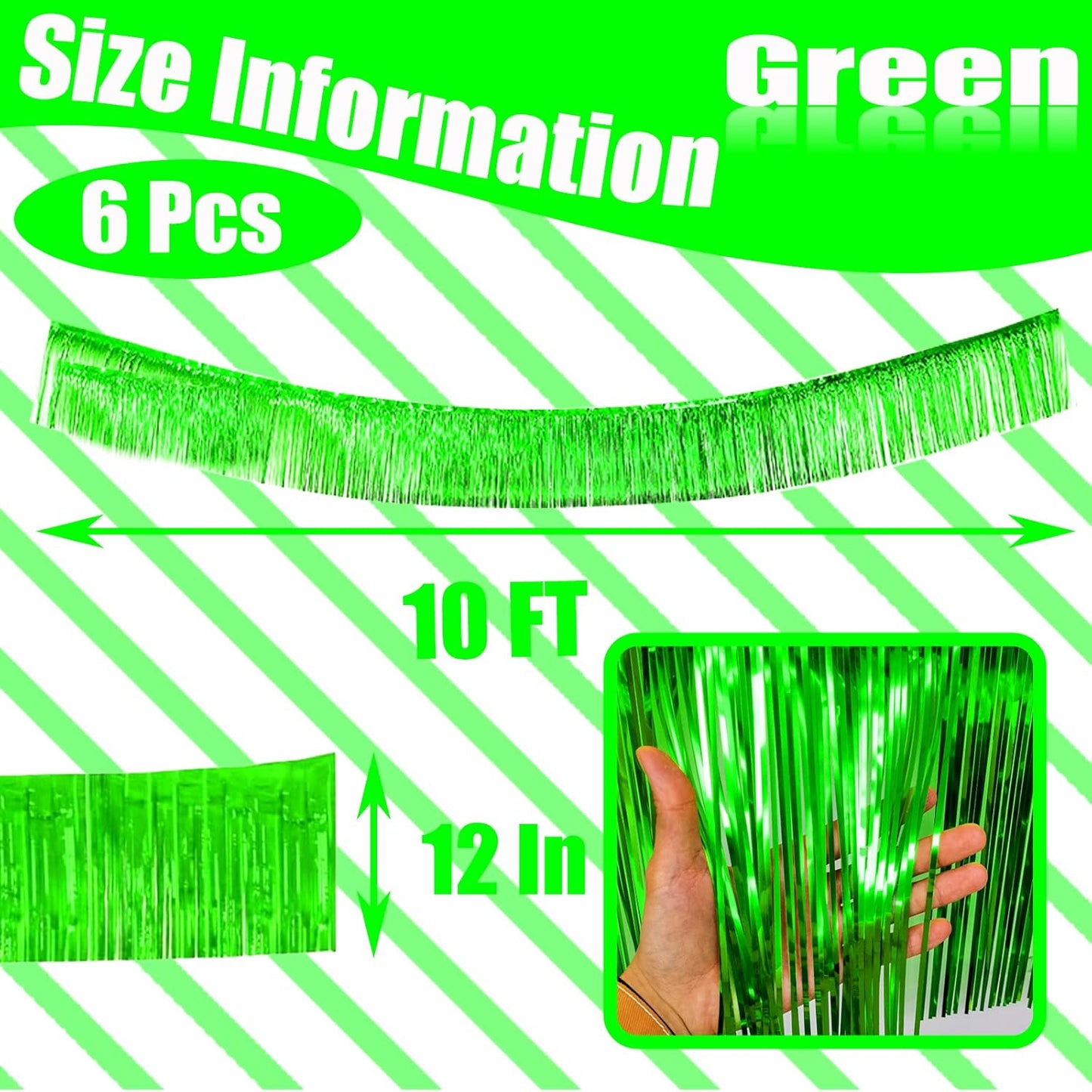 6 Pack 10 Feet Foil Fringe Garland Metallic Tinsel Streamers Banner Wall Hanging Backdrop Banner for Parade Floats Mardi Gras Party Decorations(Green)