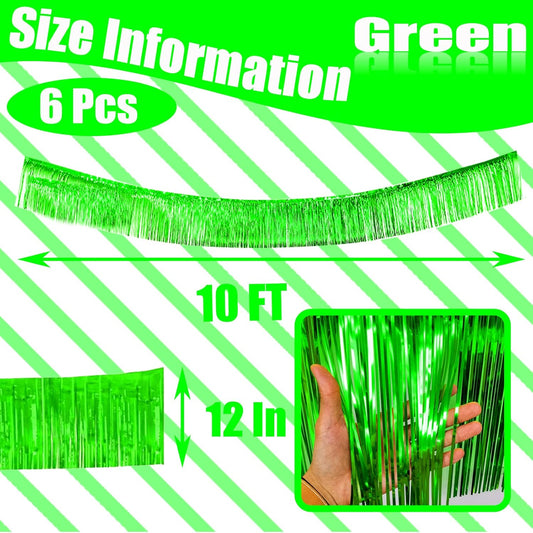 6 Pack 10 Feet Foil Fringe Garland Metallic Tinsel Streamers Banner Wall Hanging Backdrop Banner for Parade Floats Mardi Gras Party Decorations(Green)