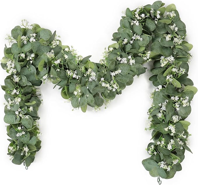 KHOYIME Eucalyptus Garland with White Flowers, 2 Packs 5.9Ft Artificial Silver Dollar Eucalyptus Leaves Plant Fake Greenery Hanging Ivy Vines Faux Wreath for Wedding Arch Party Mantle Table Home Decor
