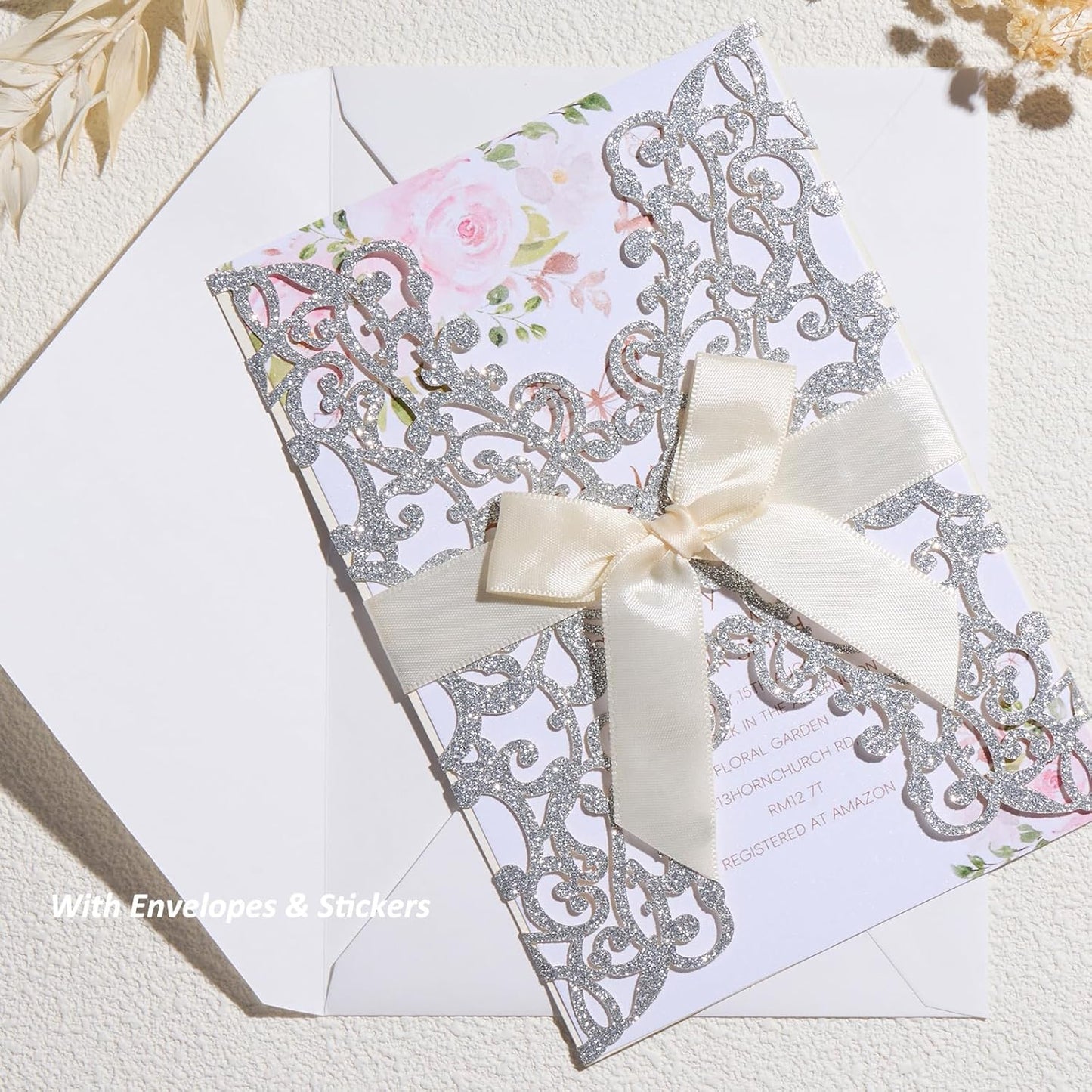 50Pcs Glitter Floral Laser Cut Wedding Invitation Cards with Envelope Blank Inner Sheet and Ribbon for Wedding Engagement Bridal Shower Party Invite(7.09 X 4.92inch, Silvery)