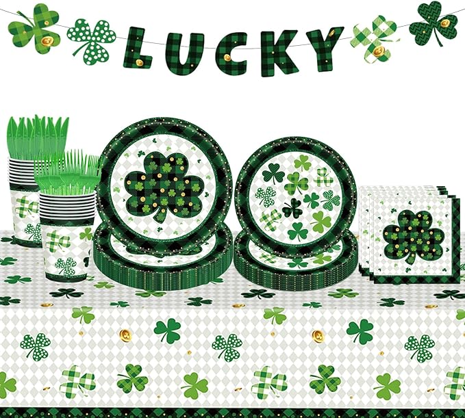 98PCS St Patrick's Day Party Supplies Green Irish Shamrock Tableware Set Lucky Shamrock Birthday Party Supplies St Patrick's Day Party Decorations Irish Shamrock Paper Plates and Napkins for 16 Guests