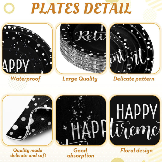 Pickmesh 192 Pcs Retirement Party Decorations Happy Retirement Paper Plates and Napkins Set with Cups and Knife Fork Spoon,Farewell Party Disposable Tableware for 24 Guest Women Men(Black Silver)