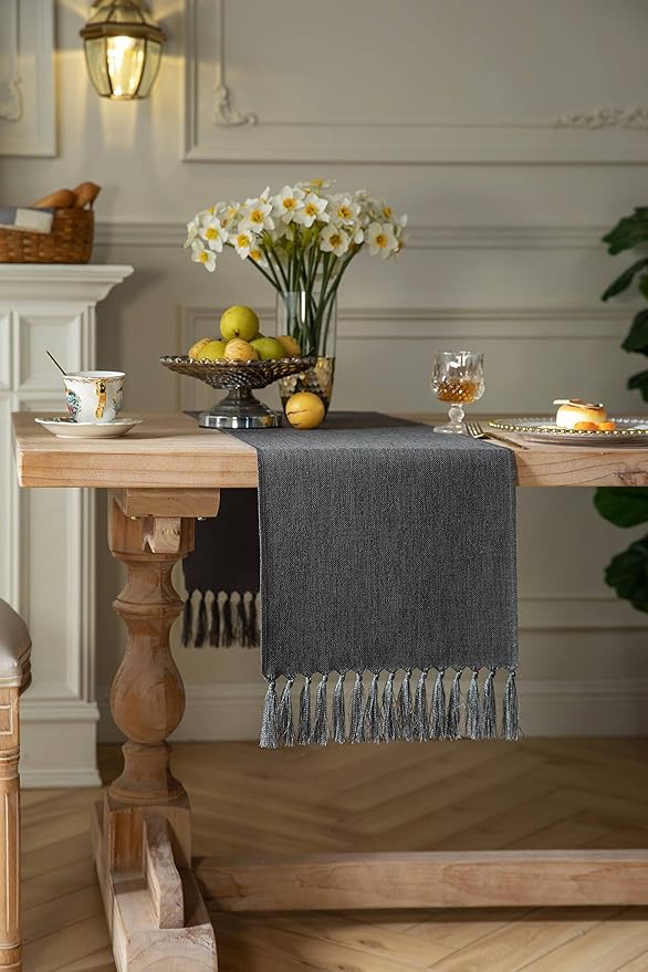 ZeeMart Graphite Grey Table Runners 60 Inches Long, Burlap Linen Style Rustic Farmhouse Table Runner, Boho Woven Dining Table Runner, 13x60 Inches, Graphite Grey