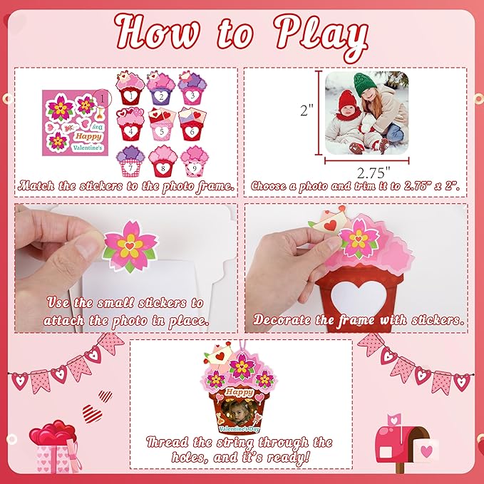 54Pack Valentines Day Craft for Kids – Valentine DIY Picture Frame Art Kit, Valentine's Photo Crafts Kits for Classroom Activities and Party Games