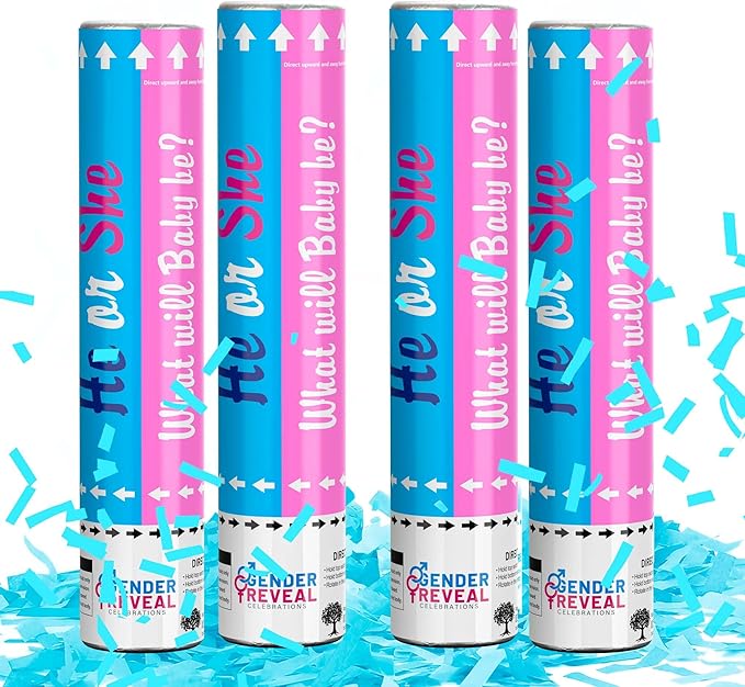 POPUPARTY 4 Pack Gender Reveal Confetti Cannon | No Powder Confetti Poppers | Ideal for Baby Boy Gender Reveal Decoration (4 Blue)