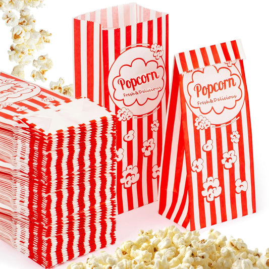200 Popcorn Bags Individual Servings - Flat Bottom Paper Popcorn Food Bags Party Pop Corn Sleeves Bulk Carnival Halloween Snack Pack Gift Favor Treat bolsas para palomitas Movie Night Supplies