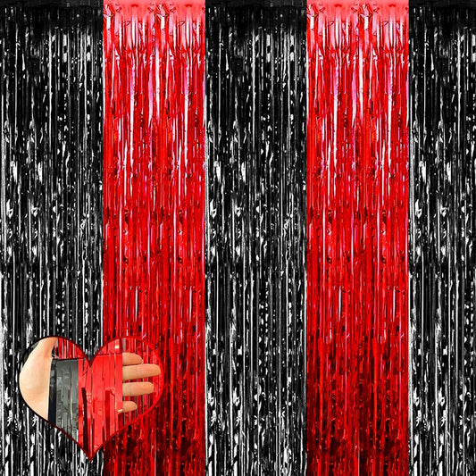 4 Pack 3.2Ft x 6.6Ft Black Red Fringe Curtain Backdrop, Metallic Tinsel Foil Fringe Streamers Curtains Background for Photo Booth Wedding Casino Viva Las Vegas Game Night Birthday Party Decorations