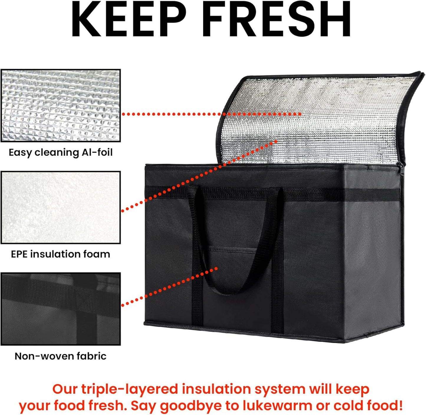 NZ home Insulated Cooler Bag and Food Warmer (XL Plus, 2 Pack) for Delivery & Grocery Shopping with Zippered Top, Red
