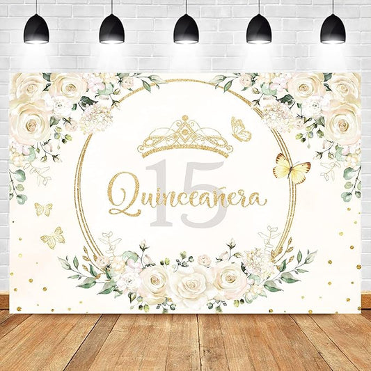 Homewelle Quinceañera Backdrop 7Wx5H Feet Polyester Fabric Mis Quince 15 Anos Birthday Party Decorations Supplies for Girl Princess White Floral Gold Crown Butterfly Photography Background Props