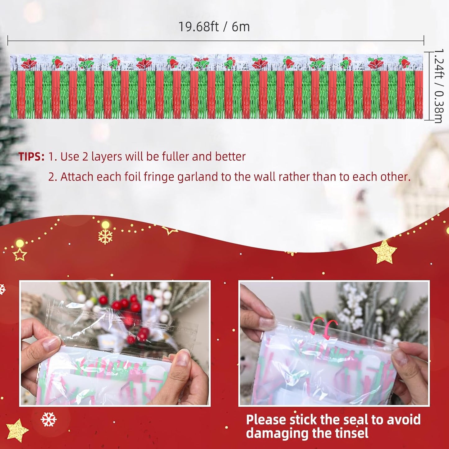 Mega-L Christmas Decorations 2Packs 39Feet Foil Fringe Garland Tinsel Streamers, Red Sliver and Green Jingling Bell Metallic Hanging Backdrop Banner Table Skirts for Parade Floats Golf Cart Holiday