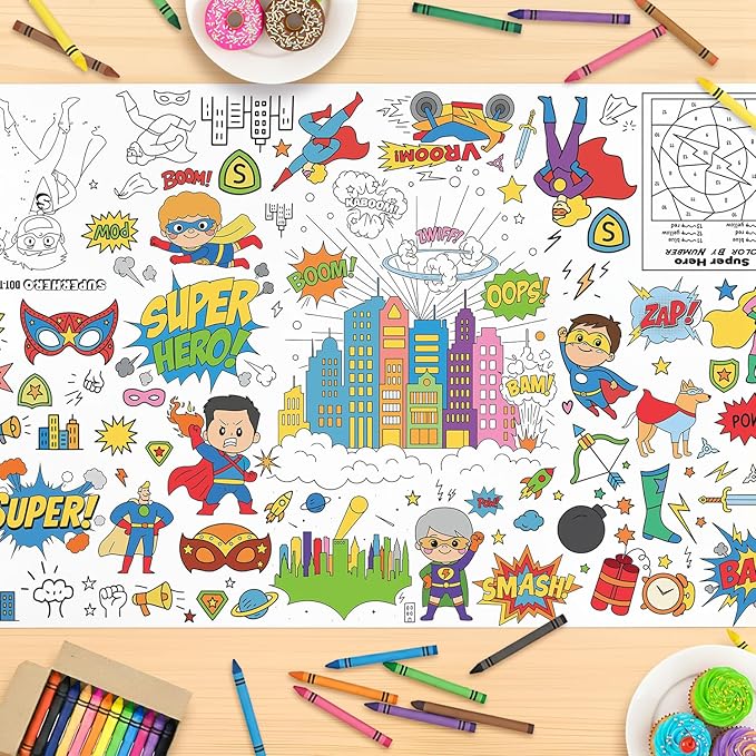 Superhero Coloring Tablecloth, Coloring Table Cloth 30x72 Inch, Superhero Giant Coloring Poster with Capes, Masks, Perfect for Birthday Party Games, Action-Themed Decorations