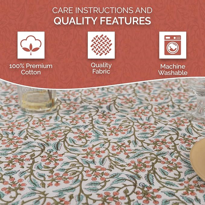Labhanshi Indian Handblock Print Floral 100% Cotton Canvas Rectangle Table Cloth|72x108 Inch 8-Seater Rustic Farmhouse Decorative Table Cover|Spring Easter Festive Holiday Decor|Berry Pink