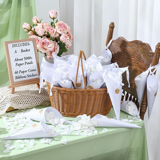 Biodegradable Wedding Confetti 5000 Paper Hydrangea Flower Petals with 60 Throw Me Stickers 60 Biodegradable Cones 1 Basket White Flower Petals for Wedding Ideas Romantic Night Decor