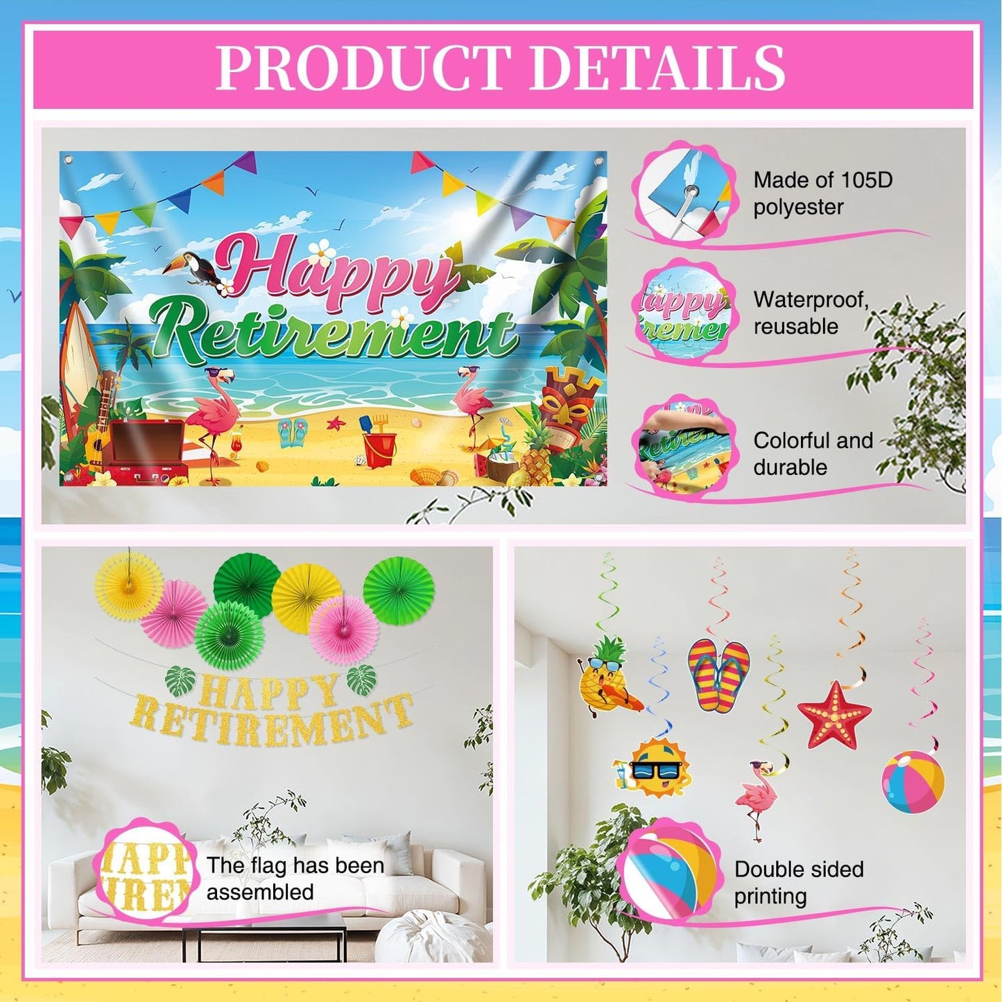 Luau Hawaiian Retirement Party Decorations, 23Pcs Beach Retirement Party Happy Retire ment Banner Backdrop, Tropical Retire ment Decorations Honeycomb Centerpieces Hanging Swirls Paper Fans